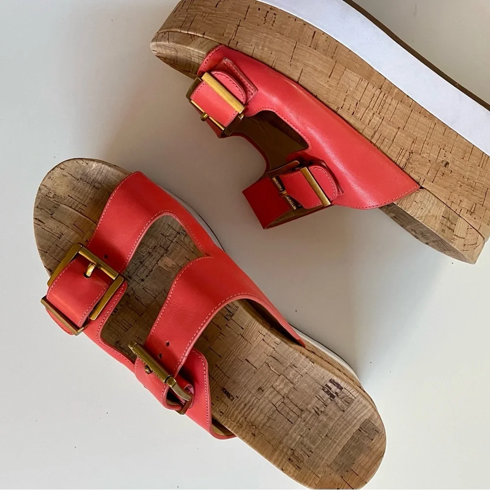 Red Cork Platform Slide Sandals with Buckle Straps
